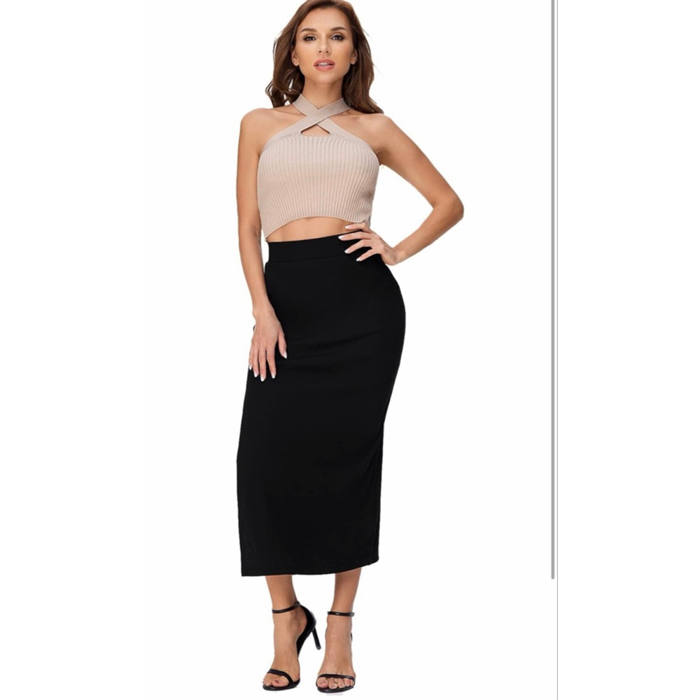 NEW Split Ribbed Knit Bodycon High Waisted Side Slit Pencil Maxi Skirt S - Picture 6 of 6